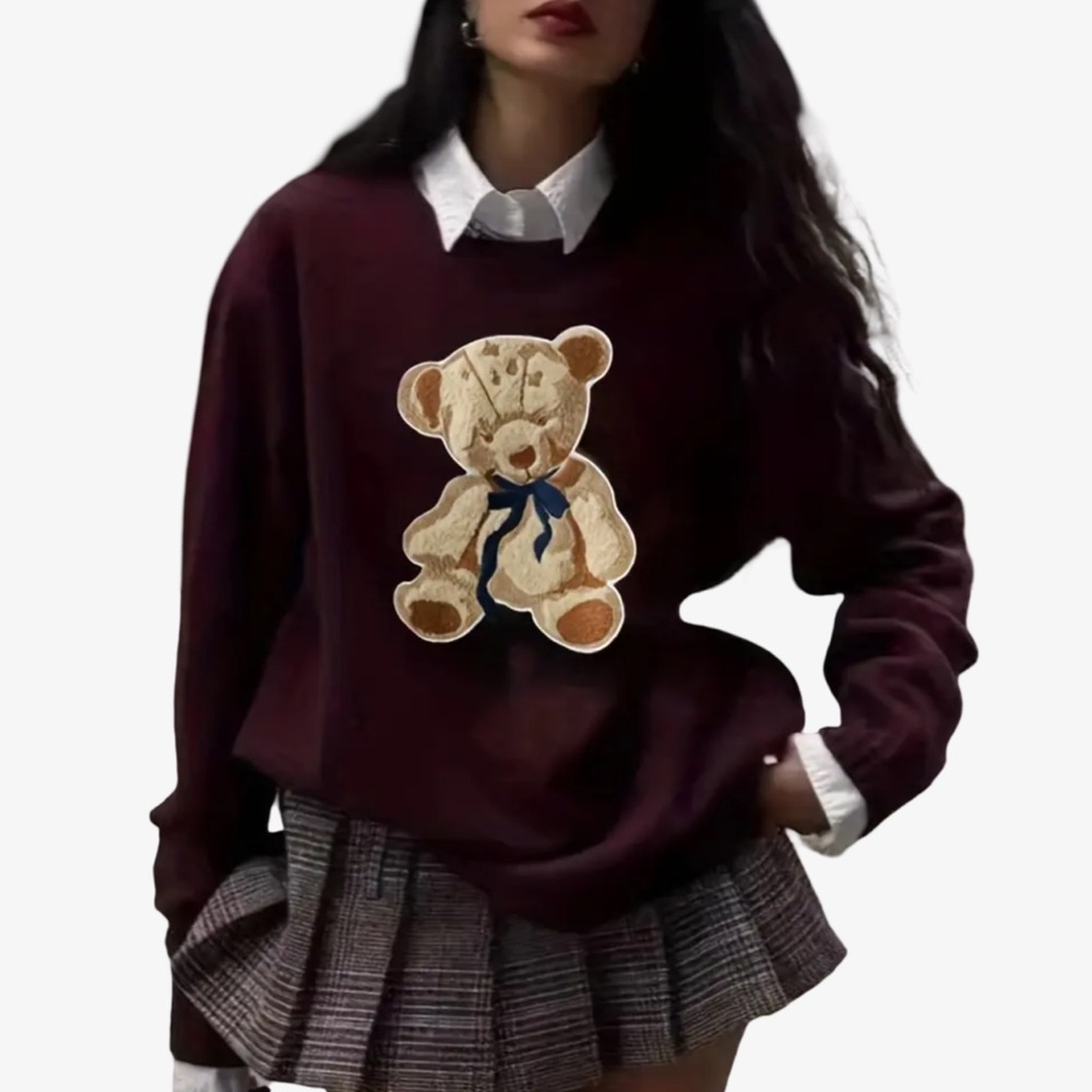 New Women's Burgundy Adorable Graphic Teddy Bear Knit Sweater Soft & Cozy XXL - Picture 2 of 10